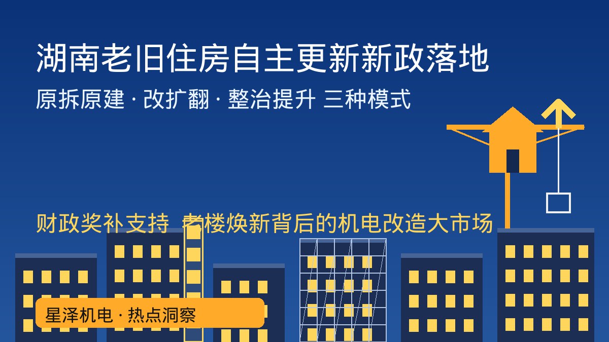 湖南三厅结合发文！老旧住房自主更新新政落地：原拆原建、改扩翻、整治提升三种模式可获财政奖补，一栋老楼从水电管线到消防电梯的焕新清单里藏着几多机电工程活？