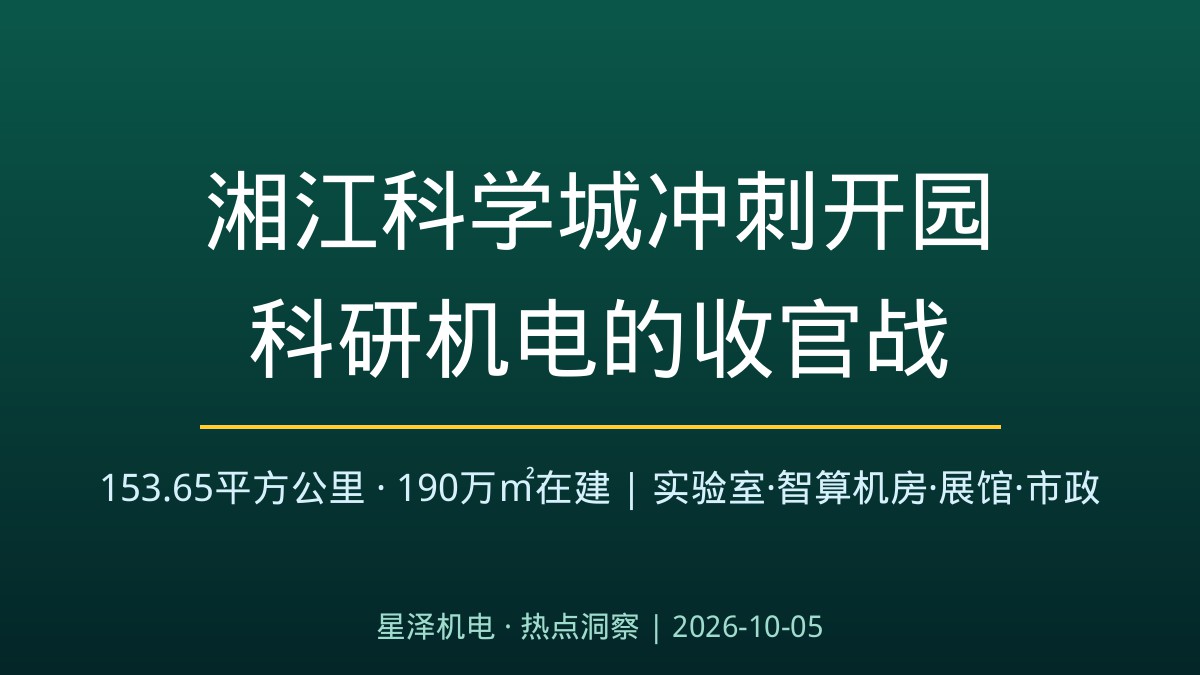153.65平方公里、190万平方米在建！湘江科学城首开区冲刺12月开园：盾构机、高铁列车开进展馆布展，全球研发中心城市主题引领区亮相在即，从尝试室干净空调到智算机房供配电，机电装置行业迎战科研地标的收官之战